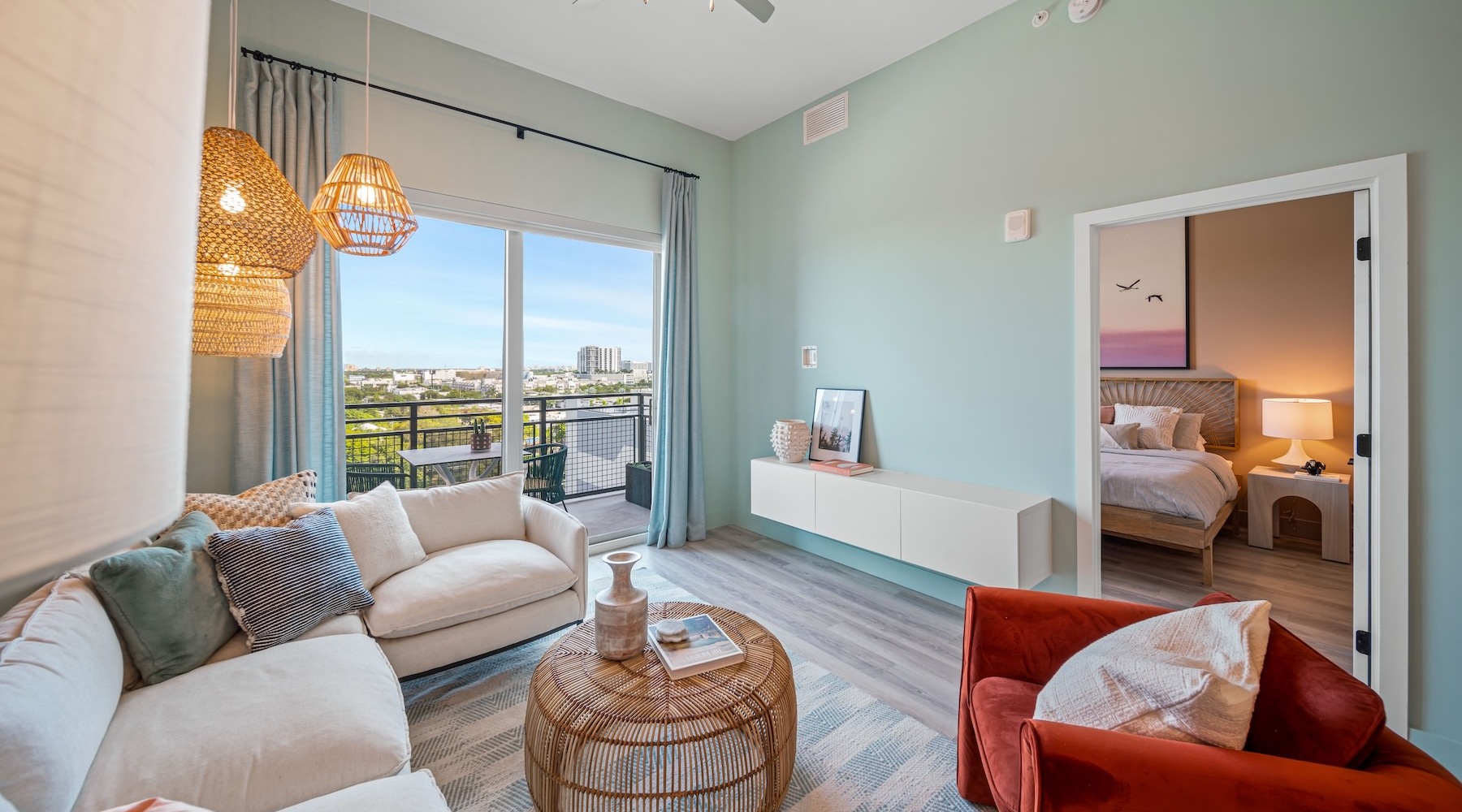 Relax and unwind in stylish living spaces a living room with a couch and coffee table